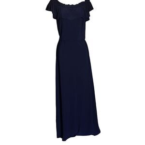 NWT Chaps Off Women Shoulder Ruffle Maxi Dress Navy Blue Size L